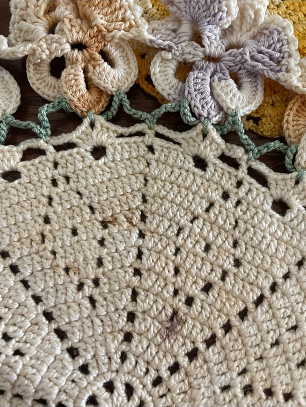 Handmade Crochet Doily & Table Accent Set in Cream, Yellow, Pastel Multicolor